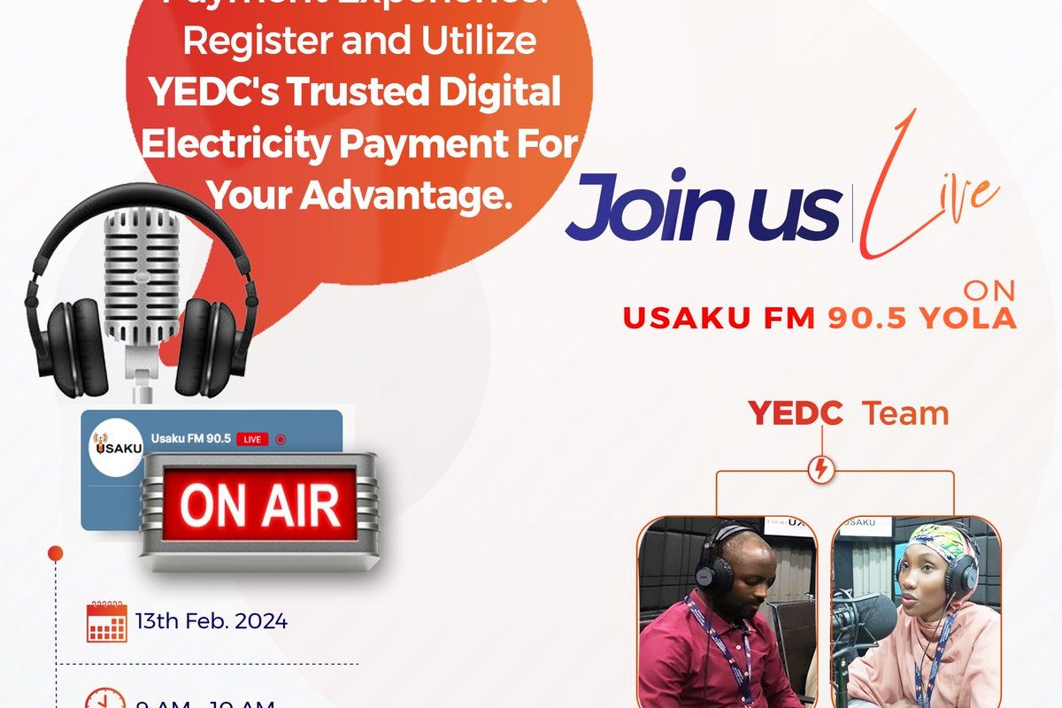 Dear Valued Customer, We are live on Usaku FM 90.5 Yola for an enlightening insight into YEDC's Digital Channels for Bill Payment. Learn how to register and utilize these channels effectively, and uncover the advantages they offer.